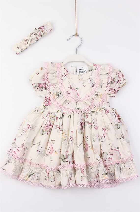 Brode İşleme Yakalı Pembe Çiçek Desenli Bandanalı Dokuma Kız Bebek Elbisesi Tütülü Astarlı