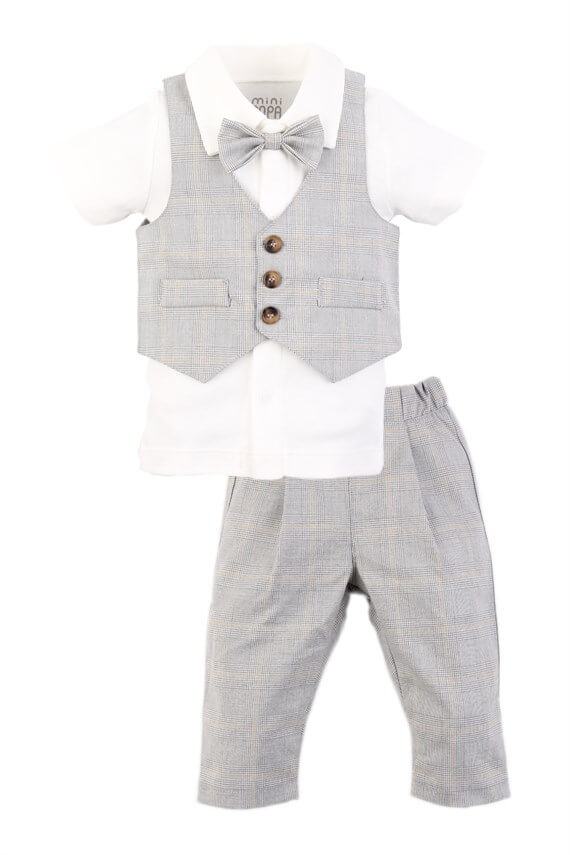 Kısa Kollu Yelekli Erkek Bebek Takım -Kareli Gri Özel Gün Kıyafeti - Dar Kalıp