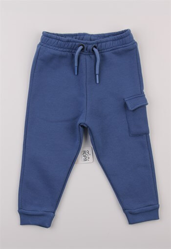 Beli Lastikli Kışlık Bağcıklı Ribanalı Cepli İndigo Bebek Çocuk Eşofman Altı Penye Pantolon