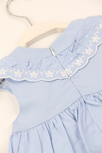 Brode Nakış İşlemeli Sıfır Kollu Mavi Pamuklu Astarlı Kız Bebek Elbise