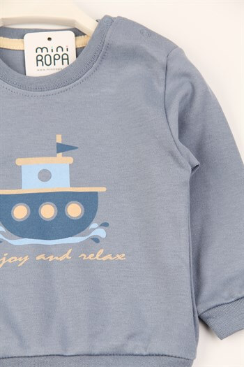 Gemi Baskılı Mavi Pamuklu İkili Erkek Bebek Takımı