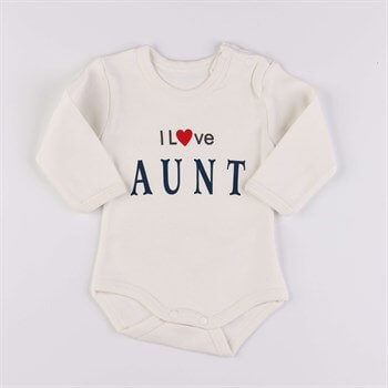 I Love Aunt Baskılı Çıtçıtlı Uzun Kollu Ekru-Mavi Bebek Body