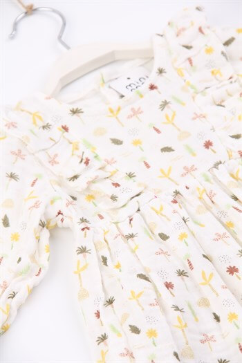 Palmiye Desenli Pamuklu Müslin Kız Bebek Elbise