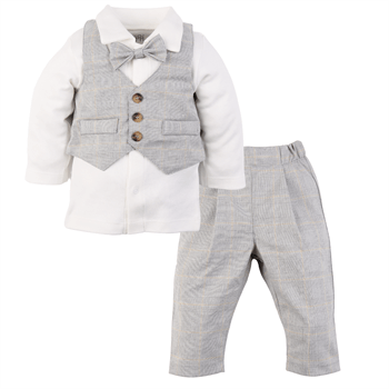 Yelekli Erkek Bebek Takım -Kareli Gri Özel Gün Kıyafeti - Dar Kalıp